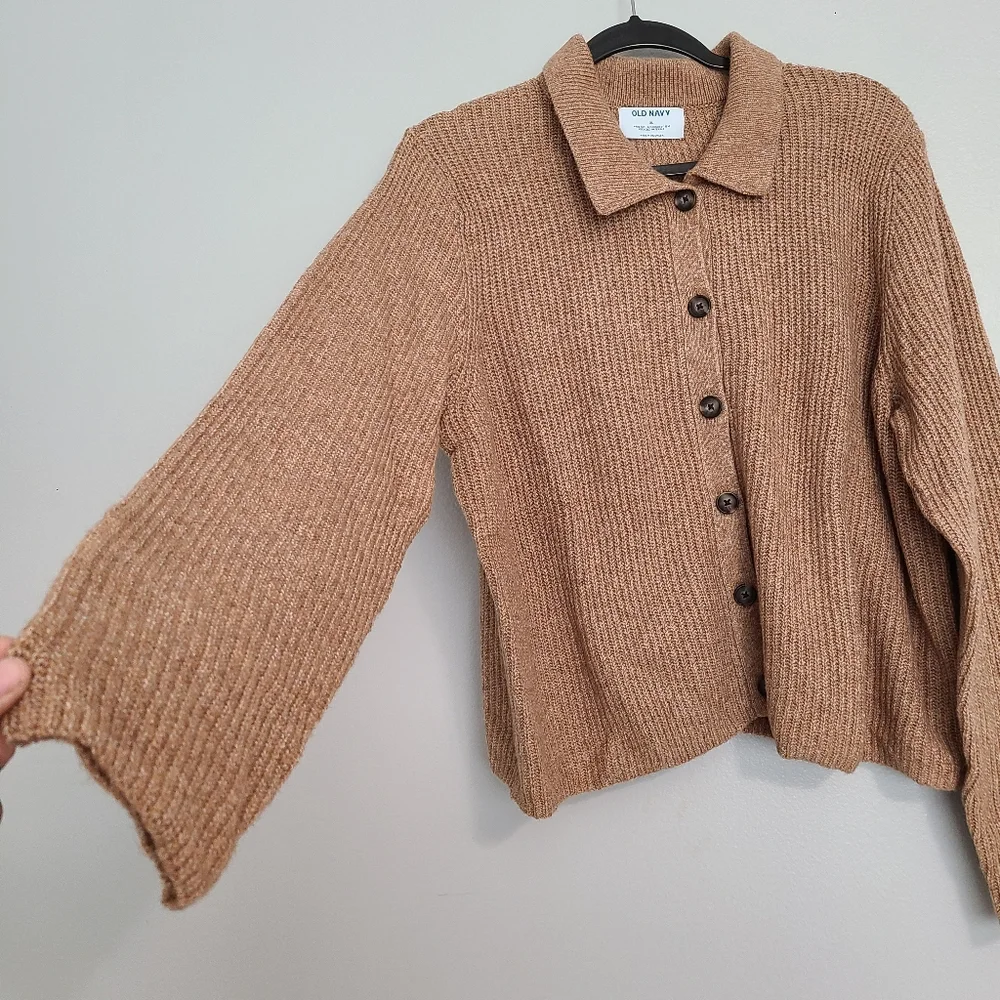 Old Navy SoSoft Minimal Neutral Collard Button Up Beige Tan Cardigan Waffle XL